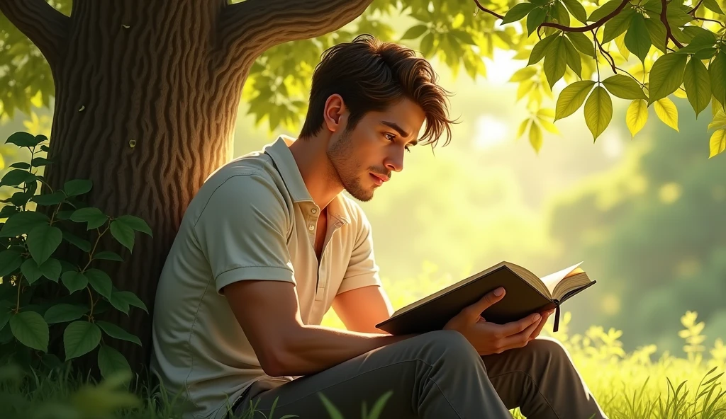 A light brown young man, with short hair and wearing casual clothes, is sitting under a leafy tree reading the Bible. The surrounding environment is peaceful and natural, with the sunlight filtering through the tree leaves, creating a serene and contemplative environment.