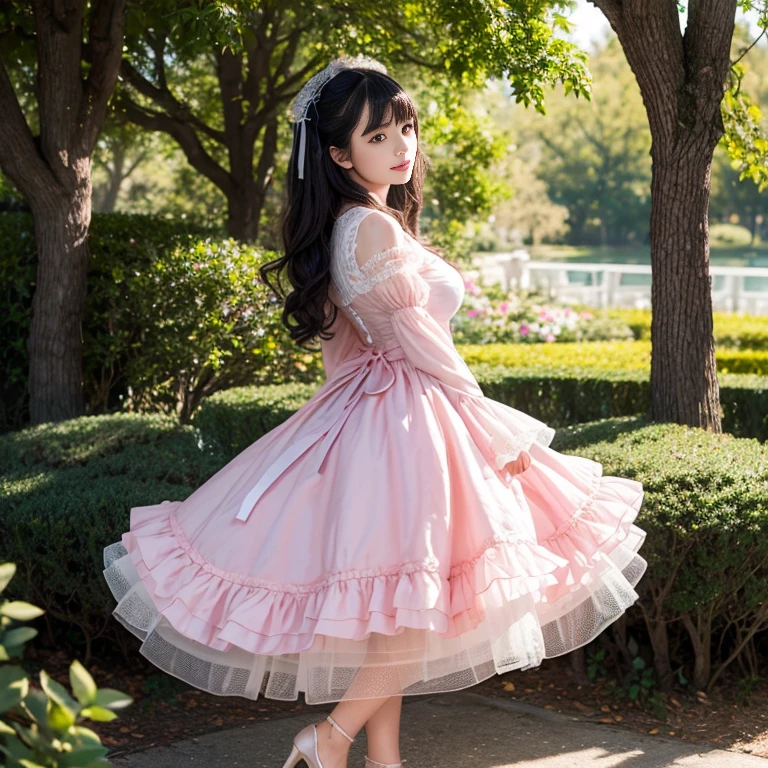 Side view,side angle, Bow tie at the back of the waist, There is a bow on the back,Sideways photo, Skirt length to calf, cupcake dress, Layered skirt with lace on each layer, Put on a ta dress, layered dress, Pink Loliress, lots of lace, Long sleeve, Wide sleeves, Big Skirt, Layered lace skirt, Lace skirt,Puff sleeves, Wide sleeves, Transparent sleeves, intricate details showcase the ruffles and intricate designs of the Lolita d, Wearing a lolita dress a sea of flowers, best quality, Delicate face,beautiful visual work, lifelike, eternity, black hair, Long curly hair, blunt bangs, Smile, Detailed Background, Delicate face,blush,cold,((masterpiece))、(top quality)、8k、high detail、Super detailed,41 years old,woman, masterpiece、born、Scenes resembling fairy tale illustrations、intricate details和複雜的設計、Beautifully、magic、capricious、 Beautifully、Dream aesthetics、「𝓡𝓸𝓶𝓪𝓷𝓽𝓲𝓬、ethereal、charming、fickle、magic」、realism、Visual effects、FXAA、SSAO、Shader、voiceless、ambient lighting、Tone mapping、High resolution、Ultra high quality、Million pixels、(8K resolution:1.10)、8k、8k以下、8K resolution、high detail、intricate details, (high quality:1.2、masterpiece:1.2、:1.21)、(41 years old,woman:1.21)、(興奮地Smile)、(Surrounded by a dreamy atmosphere、Model diagram,full-body shot,Normal 2 feet,Put your hands behind your back,Breast protrusion visible when wearing clothes, Large Breasts, H cup chest, pink dress, Don't show your fingers, full-body shot, full-body shot,full-body shot,full-body shot,full-body shot,full-body shot,full-body shot,full-body shot,Hands hidden in clothes, Hands hidden in clothes,Hands hidden in clothes,Hands hidden in clothes,Hands hidden in clothes,Hands hidden in clothes,Hands hidden in clothes,Hands hidden in clothes,Hands hidden in clothes, ,Hide your hands in your sleeves ,Hide your hands in your sleeves ,Hide your hands in your sleeves ,Hide your hands in your sleeves ,Hide your hands in your sleeves ,Hide your hands in your sleeves ,Hide your hands in your sleeves ,Hide your hands in your sleeves,skirt length to calf, full body photo,full body view,side view
