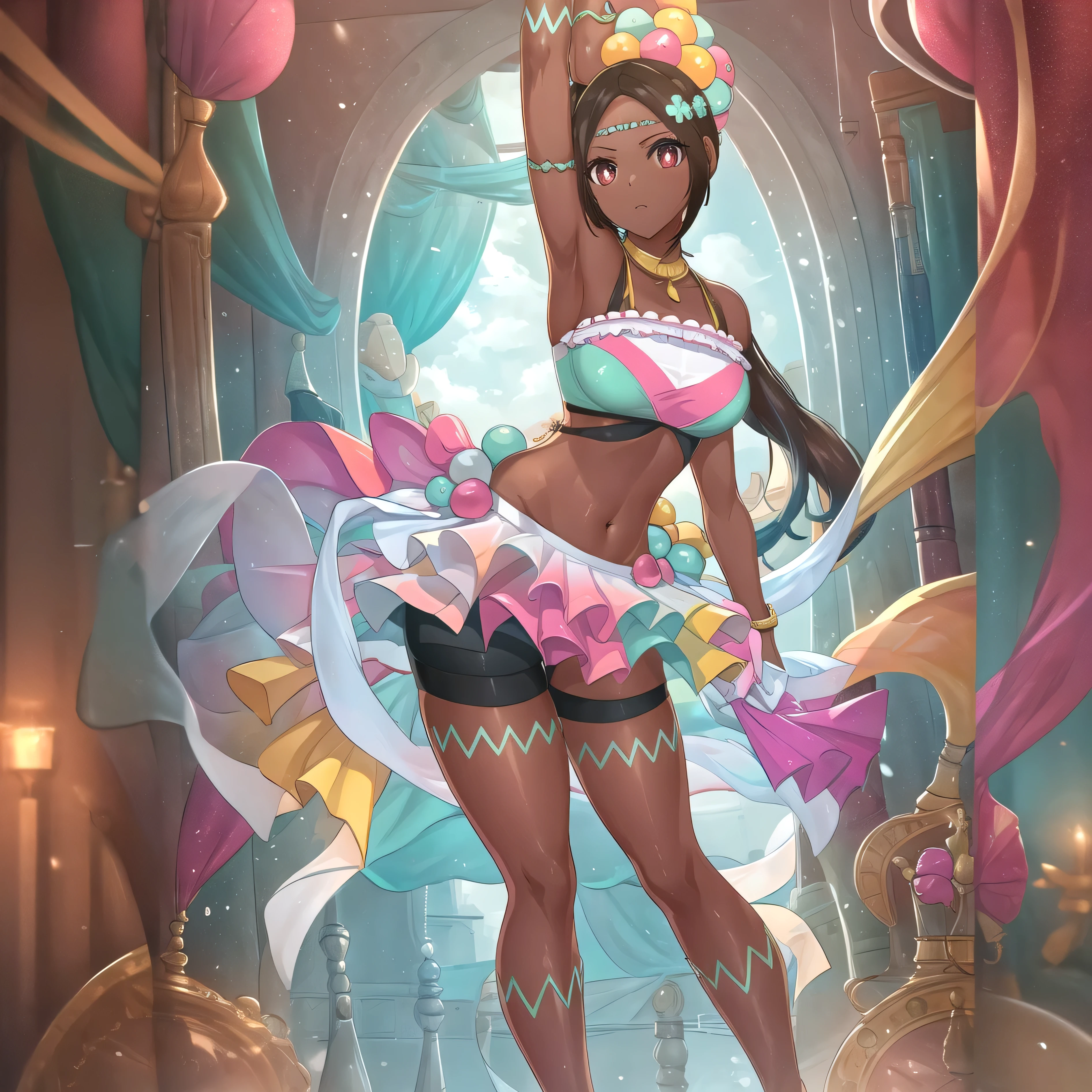 masterpiece:1.2, best quality, (ultra detailed), (highly detailed:1.2), cowboy shot, side angle, lora:timerra-v3-10:0.75, 1girl, ((solo)), smug grin, red eyes, naked, no visible clothes, navel, dark-skinned female, long hair, ponytail, beach background, standing, large breasts, visible breasts, visible vagina, hands behind back,