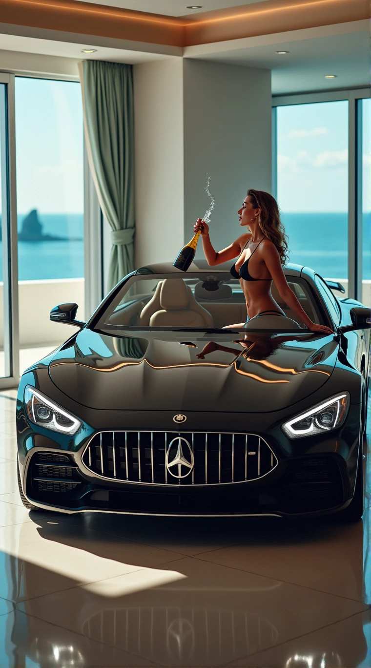 Car Photography、Riding in a luxury car and popping open a bottle of champagne。The luxury car fills the screen.、３The stage is reflected on the screen。４Bikini-clad woman。