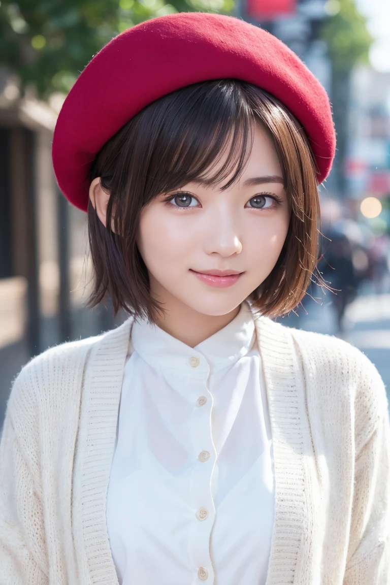 One Woman, (Beautiful woman, Delicate woman:1.3), (Age 25:1.3),
break, (White blouse:1.3), (Cream colored cardigan:1.3), (Red Beret:1.3),
break, Definition of very fine particles, (Symmetrical eyes:1.3),
break, (Street Snap:1.3),
break, Ample breasts, iris, bangs, Brown Hair, (short hair:1.3),
break, Happy smile、(Eye and facial details:1.0),
break, (masterpiece, Highest quality, Very detailed, Detailed face, 8k)