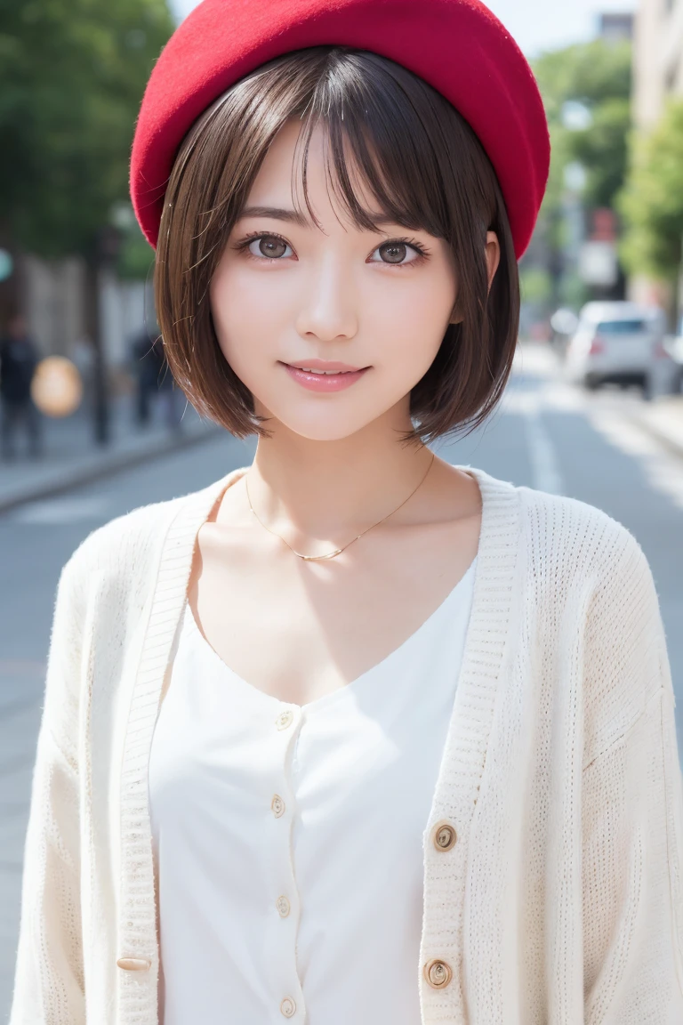 One Woman, (Beautiful woman, Delicate woman:1.3), (Age 25:1.3),
break, (White blouse:1.3), (Cream colored cardigan:1.3), (Red Beret:1.3),
break, Definition of very fine particles, (Symmetrical eyes:1.3),
break, (Street Snap:1.3),
break, Ample breasts, iris, bangs, Brown Hair, (short hair:1.3),
break, Happy smile、(Eye and facial details:1.0),
break, (masterpiece, Highest quality, Very detailed, Detailed face, 8k)