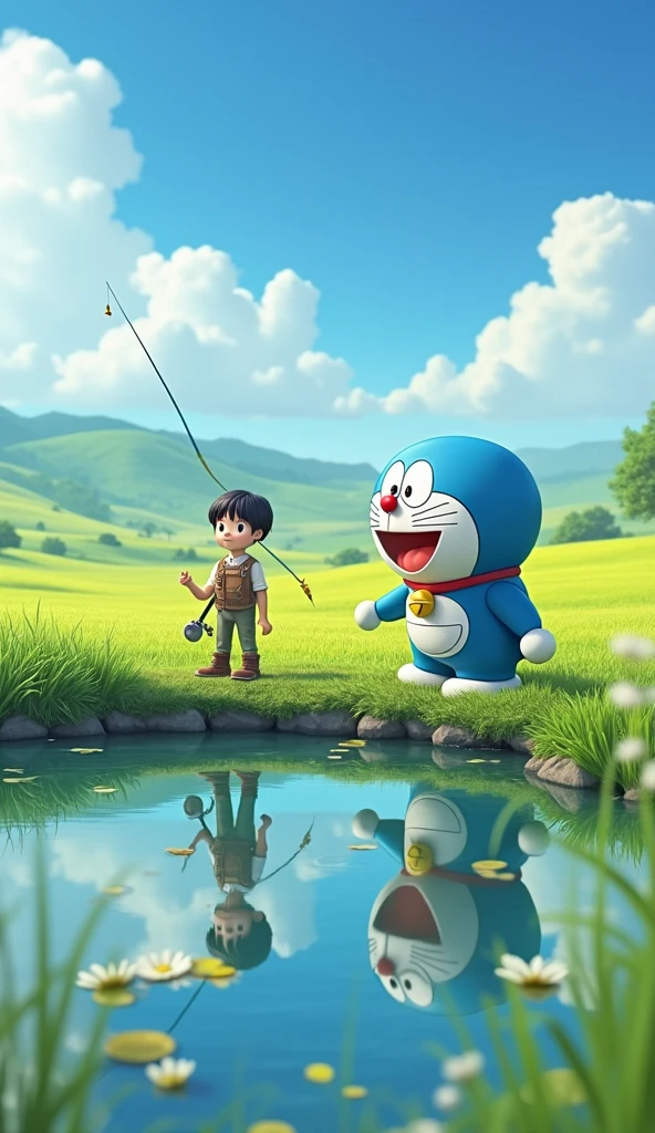 Doraemon goes fishing with a 15-year-old farmer boy in a large pond in the middle of the field. 3D image.