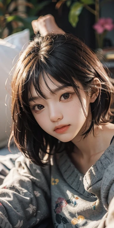 Cute girl lying face down on the bed and staring at you, 22 years old, Realistic, She wears a short, She is wearing floral pajamas, short hair.Shoulder Bare