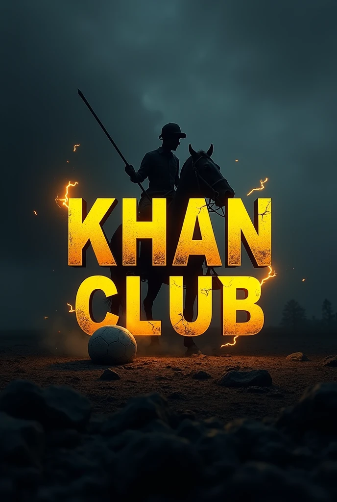 A dark back ground a word khan club written on it in stylish font with yellow and black colour and lightining bolt with dark theme and horse rider behind the word on edges and football in middle of word