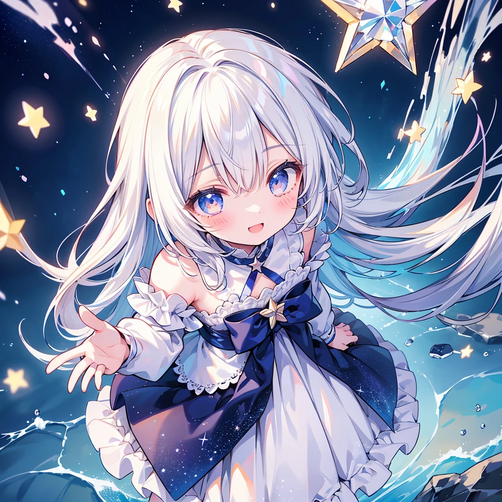 1girl,Masterpiece、Dynamic composition、Highest quality、Delicate expressiveness、About 10 years old、White Hair、smile、river、流れstar、流star群、star、night、(((Composition from above))),Diamond dust、kawaii tech、