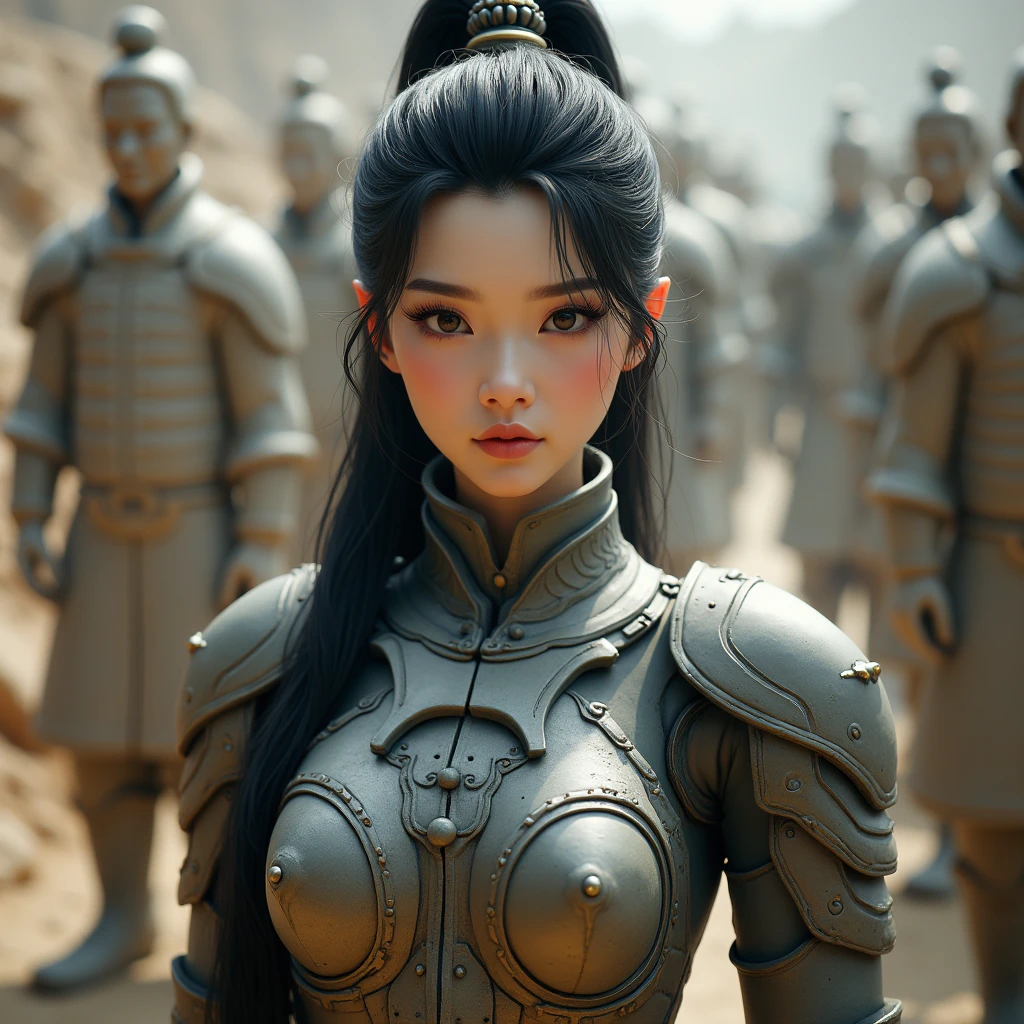 (masterpiece, best quality:1.2),Wavy Hair，Single ponytail，Exquisite eyes,Fine black hair，Charming Eyeshadow( White people:1.2)( Snake scale skin:1.2)，Chinese,( Smooth skin:1.2)，whole body， A long, lean, and incredibly fit figure.，Moist and sexy plump lips，Long legs，Perfect fingers，(masterpiece, best quality:1.2), Eloquent style, Warhammer 40,000 style mecha in the style of ancient Chinese female terracotta warriors。