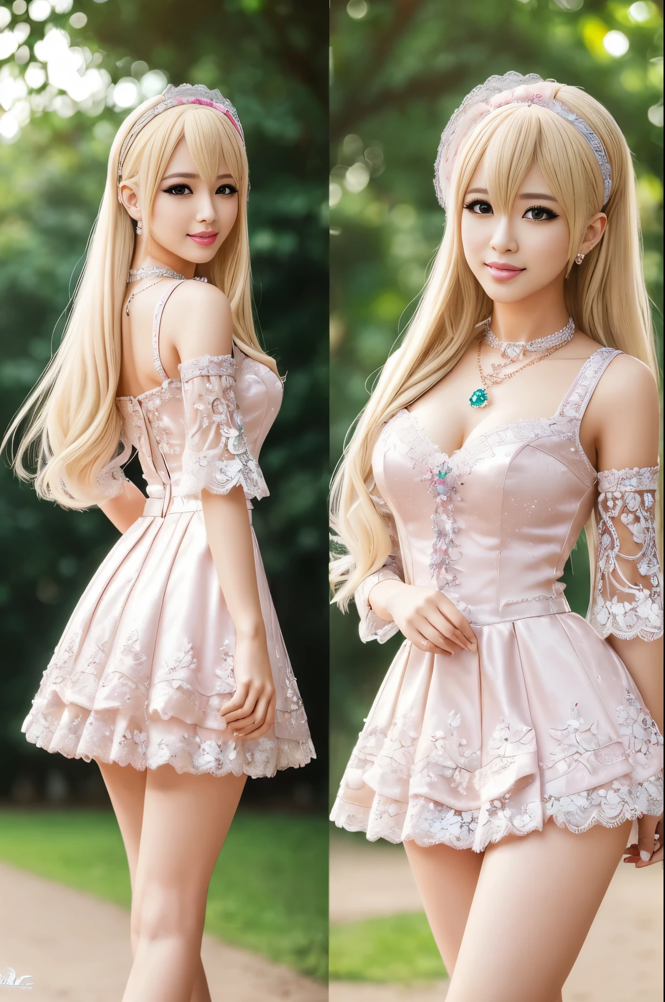 ((Best quality, 8k, Masterpiece, Sharp focus, 35mm lens, f/0.8, amazing beautiful perfect figure :1.4)), side lighting, sexy stylish Asian model, ((bright smile)), ((doll-like appearance)), ((beautiful detailed Victorian-Style boots)), Highly detailed face and skin texture:1.2, super detailed eyes:1.2, super detailed skin, shiny skin:1.2, Blushing ,long lashes:1.2, high-fidelity bangs, brilliant light blonde long random hairstyle, ((sexy Paradise Kiss cosplay)), bell-shaped skirt, petticoats, high neckline, puffed sleeves, (( ultra detailed lace)), ((ultra detailed embroidery)), intricate details, Paradise Kiss accessoires and matching headpiece, choker, ((large sparkling Paradise Kiss jewelry)), cinematic light, detailed large park background with trees