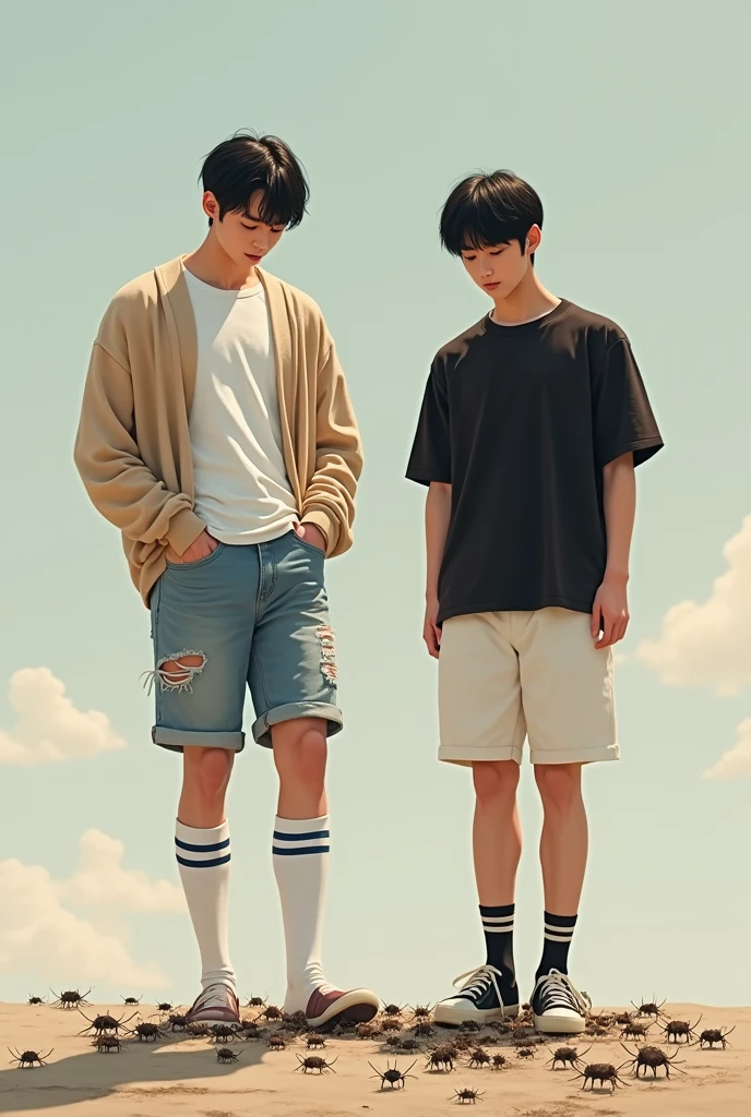 Handsome korean male ager and handsone chinese male teen both have black hair, tall and slim bodies. The korean male teenagerrs a white t shirt, beige cardigan, ripped jeans shorts, and long white socks with 2 blue stripes on it. The chinese male teenager wea black shirt, white shorts, and black socks with 2 black stripes. Both are stomping and crushing insects beneath their feet