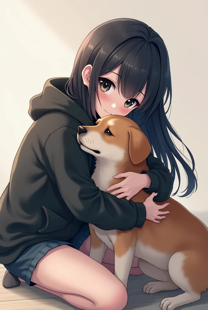 long hair,Black eyes,Anime girl wearing a black hoodie,Squatting and hugging a dog