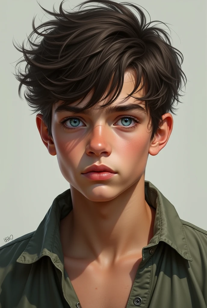 A handsome boy with messy hair blue hunter eyes and a sharpe jawline