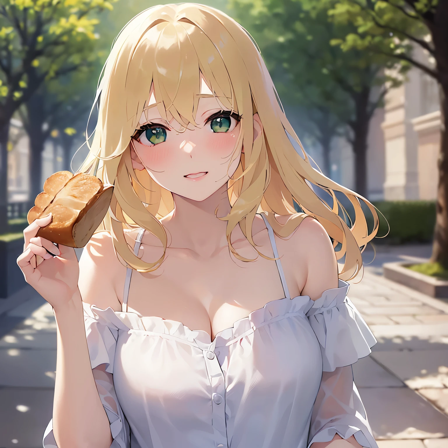 holding bread in hand、looking up, Cleavage、Biologically correct five fingers、Upper Body, Realistic, real person, (pale skin: 1.2), RAW photo, photorealistic, shiny skin, shiny hair、(A 25-year-old woman with medium-length hair and bangs) and (wavy hair) and (Blonde Hair) and (green eyes) , BREAK (white) and (off shoulder blouse) BREAK 、smile, (blush:1.5), The background is a park、Alone、Are standing