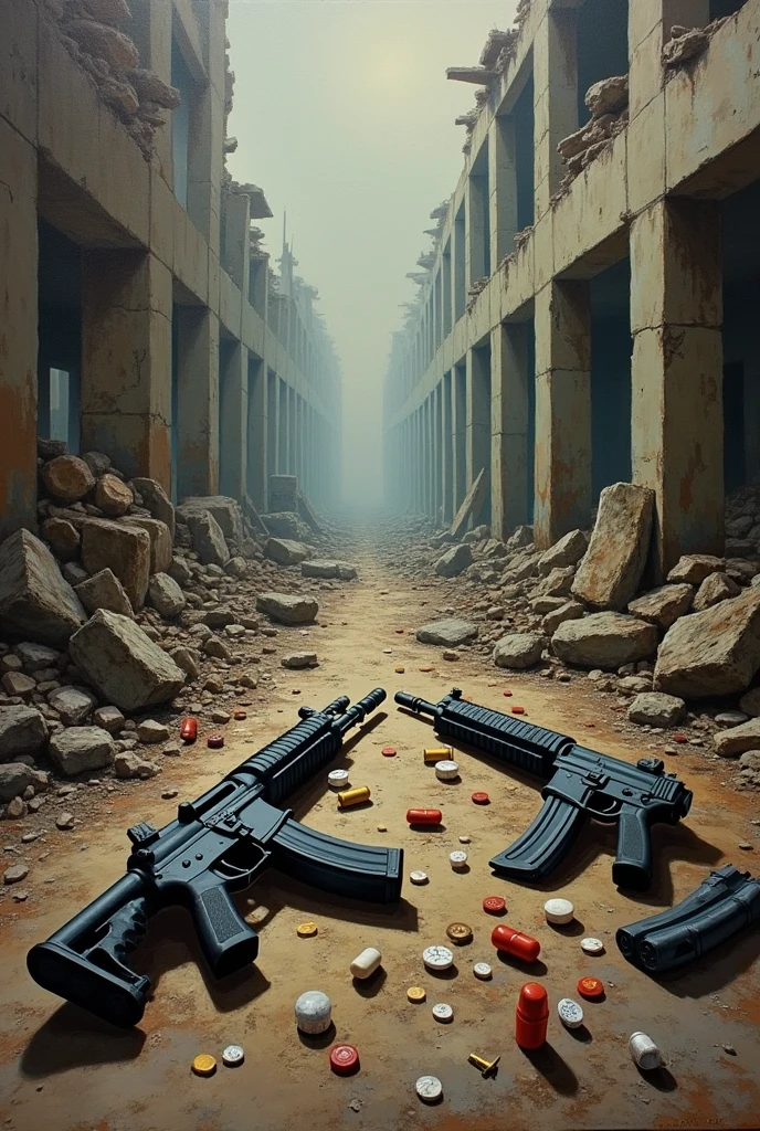 Image with weapons and pills without people .. End-time mood . painted 