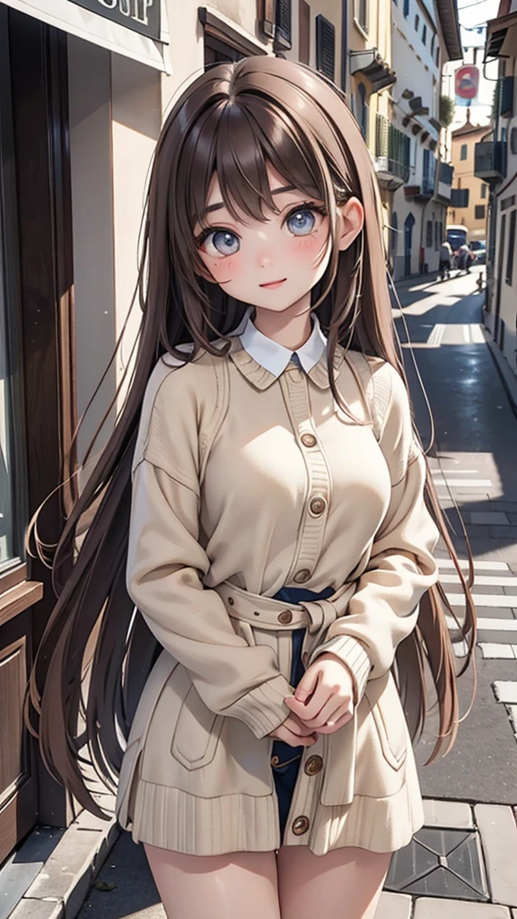 A 19-year-old Italian woman、olive-toned healthy skin。sleek and rich dark brown hair。Light-colored eyes。moderately toned physique、Balanced proportions。Italian chic, cute outfit。expression is bright and lively。background is a typical Italian cityscape。