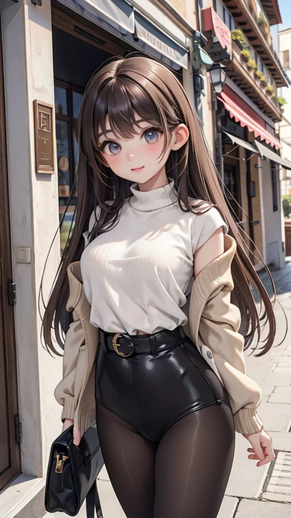 A 19-year-old Italian woman、olive-toned healthy skin。sleek and rich dark brown hair。Light-colored eyes。moderately toned physique、Balanced proportions。Italian chic, cute outfit。expression is bright and lively。background is a typical Italian cityscape。