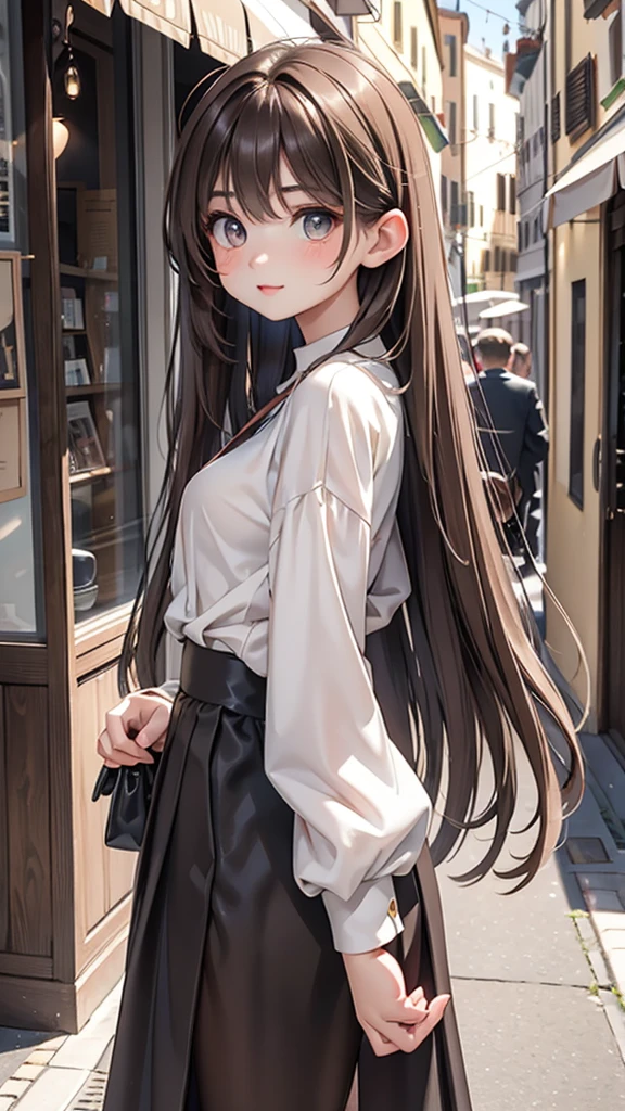 best quality, masterpiece, beautiful brown eyes,anime screencap,1girl, asia girl,solo,open forehead,smile,white background,looking at viewer,(facing forward),long hair,brown hair,forehead,white blouse,puff sleeves,white ribbon,skirt,girly, watercolor style, illustration, Instagram, slim,long hair,parted bangs,