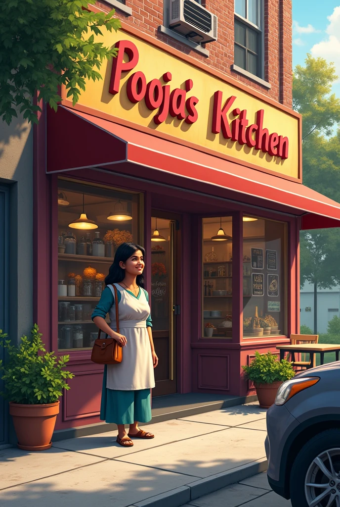 I am the owner of restaurant. And restaurant owner stand near his restaurant. And his restaurant seen clearly and restaurant name pooja's Kitchen 
