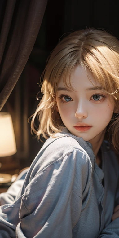(masterpiece: 1.2, Portraiture, Highest quality), Realistic, (Live Action, Intricate details, Written boundary depth), Highest quality, masterpiece, Attention to detail, semi-Realistic, Sleeping in bed, shy, 21 years old, Short Blonde, blue eyes, pajamas, Slim figure、Canopy bed、