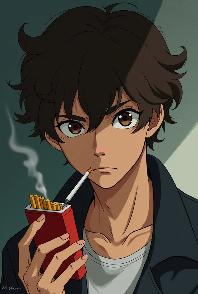 Chico, serious face, frown, brown eyes and curly hair, 90's anime style, smoking, with a pack of red cigarettes.
Medium grain film image style