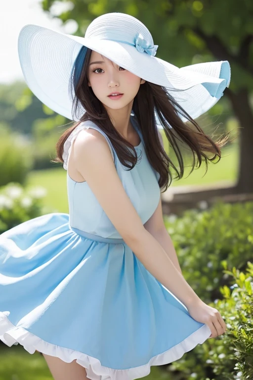 Beautiful woman、garden、(((Light blue dress)))、Very beautiful legs、(((Her hair and skirt billow in the strong wind.)))、White Hat、Portrait