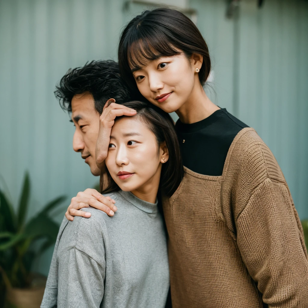 A woman is resting her head on her husband’s shoulder.