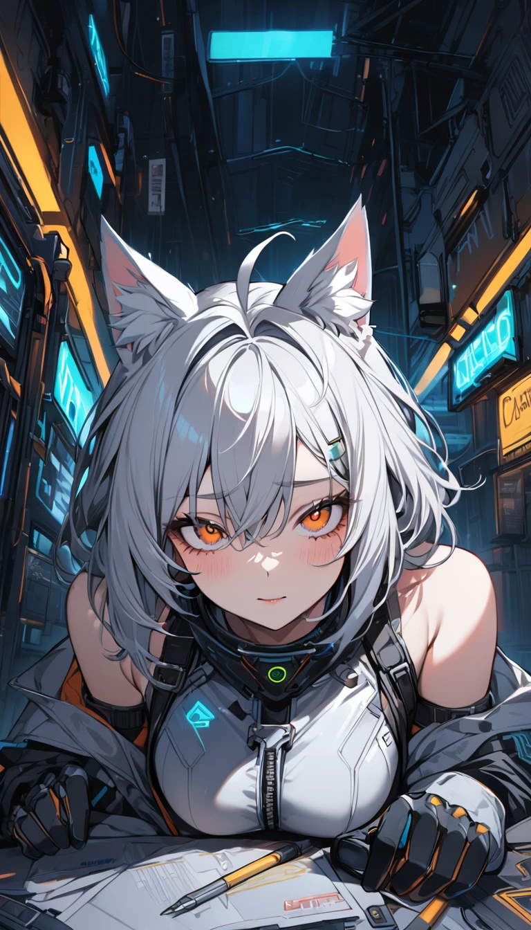 (masterpiece)、(absurdres)、(ultra detailed)、(8k)、(solo lad),(silver cat ears:1.1),(silver hair),(shortcut hair:1.1),(messy hair:0.8),(Ahoge:0.9),(middle breast:0.9),BREAK,(orange eyes),(Downturned eyes)BREAK,cyberpunk,