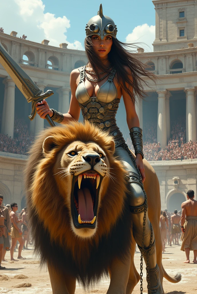 ((Beautiful realistic brunette woman full body with loose hair in a Roman amphitheater full of realistic people)), ((seated atop an aggressive lion baring large fangs and wielding a realistic large sword)), ((hyperrealistic terrain)), ((Roman helmet warrior covering half her face, chains around the body )), weightless & floating, (photorealistic), (in white vinyl and dark blue), (((transparent body biosuit))), (wearing a medical sensor harness and chains:1.0), (style-glass), (()), HdR, smoothed, 8k, ((Sid Mead)), sharp details, ((masterpiece)), (pictorial), (good anatomy), (good proportions), (Good composition), (dramatic painting), (Style-Sylvamagic)
