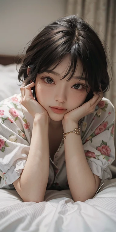 Cute girl lying face down on the bed and staring at you, 22 years old, Realistic, she is wearing shorts, She is wearing floral pajamas, short hair.Shoulder Bare