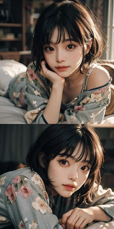 Cute girl lying face down on the bed and staring at you, 22 years old, Realistic, she is wearing shorts, She is wearing floral pajamas, short hair.Shoulder Bare