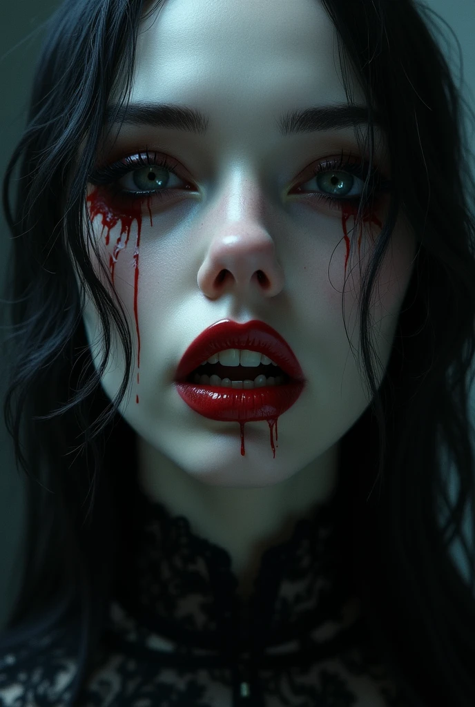 a vampire girl with beautiful detailed eyes, beautiful detailed lips, extremely detailed face, long eyelashes, sharp vampire teeth, blood dripping from mouth, pale skin, dark eyeshadow, gothic black dress, moody dark lighting, dramatic chiaroscuro lighting, dark fantasy, digital painting, cinematic, dramatic, hyper detailed, 8k, photorealistic