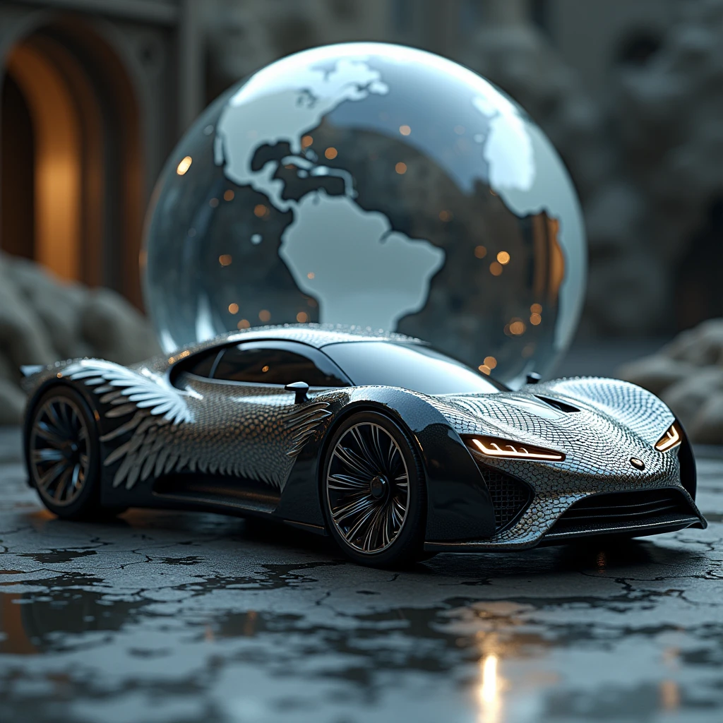 Une voiture inspirée d'une eagle, globe en cristale, carenage comme des plume d'eagle, gante à rayon tres fines argenté, pneu en gomme avec un rayure d'ecaille de serpent, couleur noir et blanc