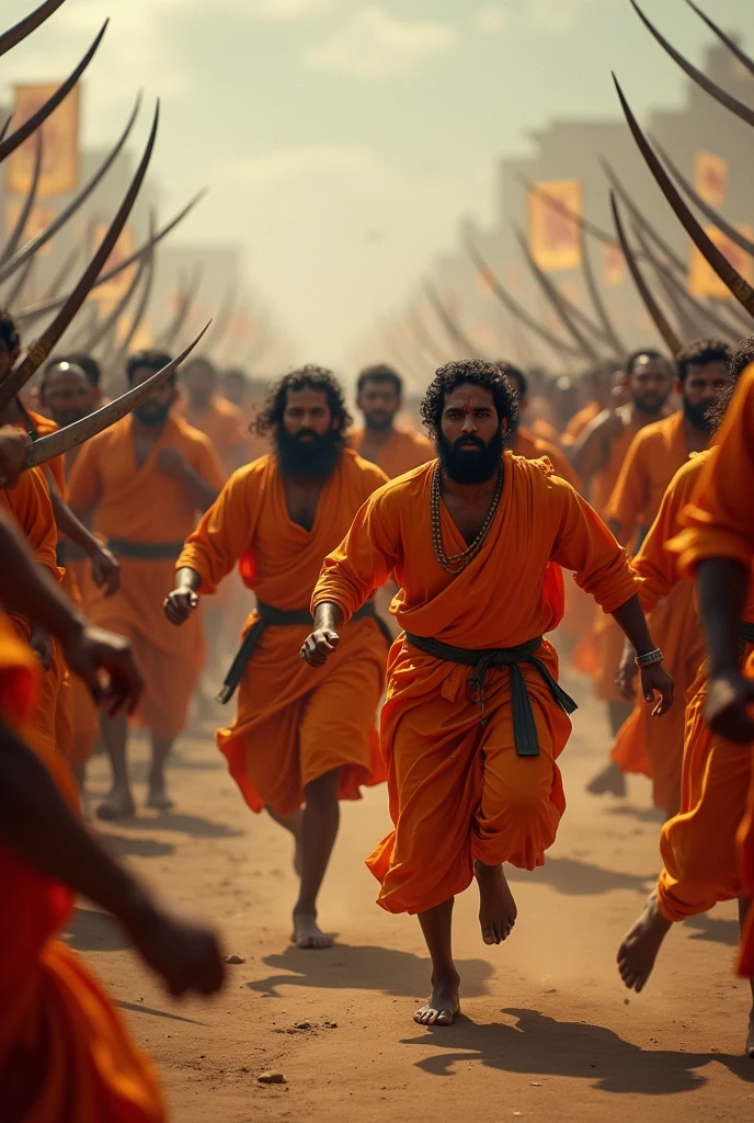 "Create a hyper-realistic digital poster featuring three powerful warrior-like characters standing side by side against a dramatic backdrop. The central figure should have a strong, determined expression, wearing a traditional South Indian checkered shirt and a dark-colored veshti tied up at the knees, exuding a heroic aura. The character on the left should be an older warrior with a rugged appearance, a thick beard, and wearing traditional dhoti and shawl, holding a large battle-axe. The character on the right should have a fierce look, with long hair tied back, wearing traditional warrior attire with a sword in hand. The background should be a mountainous landscape at dawn, with a waterfall on one side and a war-torn battlefield on the other. The overall style should be epic and dramatic, with detailed textures and a cinematic color palette."
This prompt should guide the AI to generate an image similar in style and composition to the one you provided.
You said:
I want to create exact this type of poster with the help of AI. Write the best prompt
ChatGPT said:
ChatGPT
Prompt:
"Create a hyper-realistic and cinematic digital poster featuring a central warrior-like character in a powerful stance, standing in front of an ancient, waterlogged temple gate. The central figure should be muscular with a thick beard, wearing a sleeveless traditional Indian outfit with a red vest and white dhoti. Surrounding him are other characters: one on the left wielding a sword with long hair tied back, and on the right, an elder figure in a deep red robe, holding a staff. In the background, include female figures engaged in ancient scholarly activities, one holding a manuscript. The scene should be dramatic with flowing water cascading through the temple, torches illuminating the dark stone architecture, and a sense of ancient mystery and power. The overall atmosphere should be epic, with intricate details, rich colors, and a dynamic composition