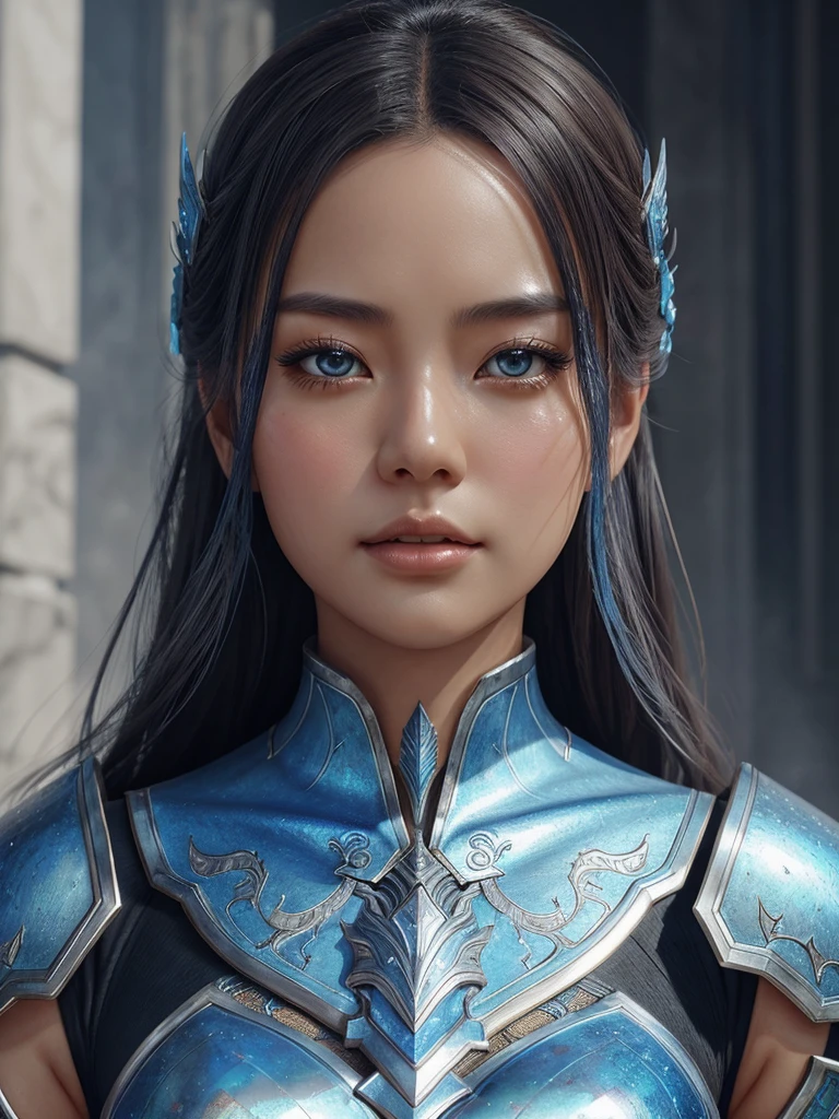 a close up of a woman in a silver and blue dress, chengwei pan on artstation, by Yang J, detailed fantasy art, stunning character art, fanart best artstation, epic exquisite character art, beautiful armor, extremely detailed artgerm, detailed digital anime art, artgerm on artstation pixiv, armor girl