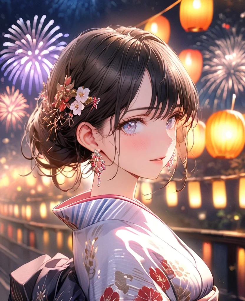 8k,Ephemeral beauty,Very delicate and beautiful,Beautiful and realistic skin,Earrings that shine like jewels,Black Hair、Long and colorful hair,Beautiful Eyes,good,Beautiful night sky、firework、yukata、