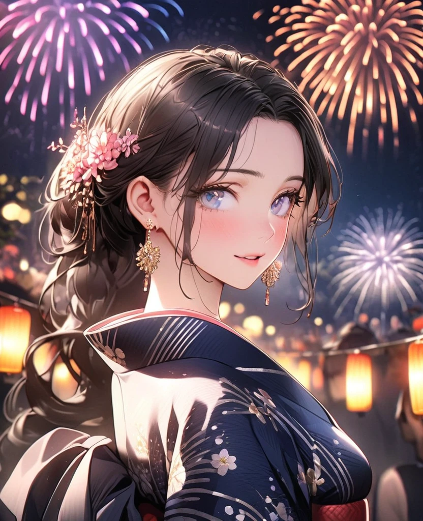 8k,Ephemeral beauty，Very delicate and beautiful,Beautiful and realistic skin,Earrings that shine like jewels,Black Hair、Long and colorful hair,Beautiful Eyes,good,Beautiful night sky、firework、yukata、
