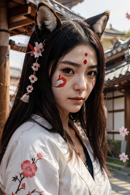 Japanese Mythology, Realism, fox demon , beautiful woman, ketsune mask on face, sakura petals in the background, hairs flutter in the wind