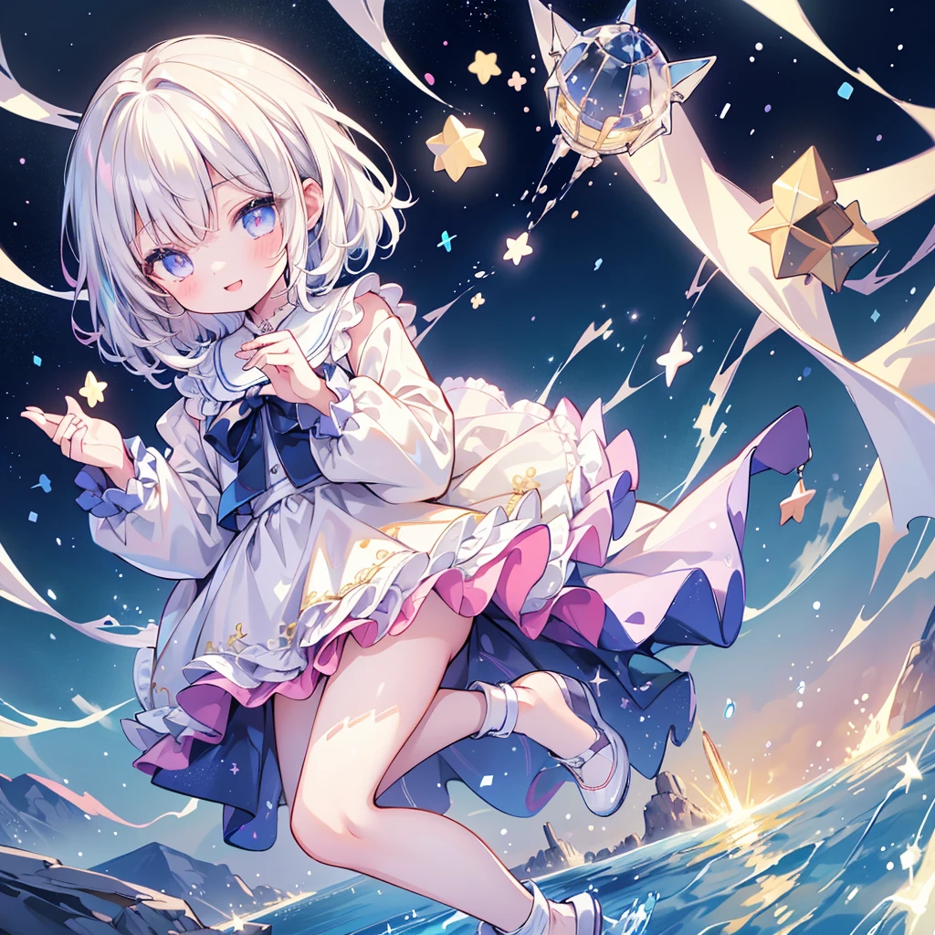 1girl,最高masterpiece、Dynamic composition、(Perfect hands:1.2)、(Perfect Anatomy:1.2)、(Highest quality:1.3)、(masterpiece:1.3)、(Super detailed:0.8)、High resolution、HDR、CG Unity 8k、Nice hands、ass pov、Highest quality、Highest quality、Delicate expressiveness、About 、White Hair、smile、river、流れstar、流star群、star、night、(((Composition from above))),Diamond dust、kawaii tech、