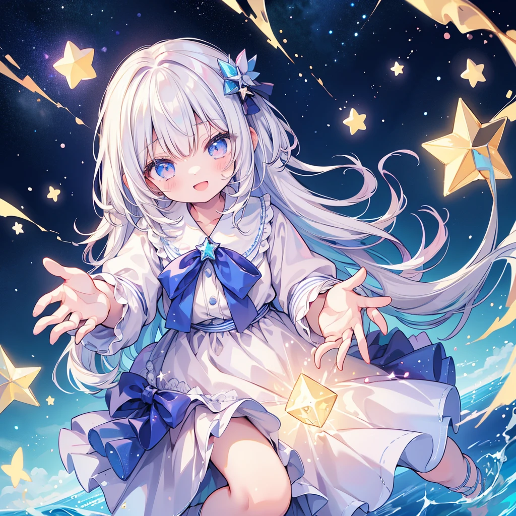 1girl,最高masterpiece、Dynamic composition、(Perfect hands:1.2)、(Perfect Anatomy:1.2)、(Highest quality:1.3)、(masterpiece:1.3)、(Super detailed:0.8)、High resolution、HDR、CG Unity 8k、Nice hands、ass pov、Highest quality、Highest quality、Delicate expressiveness、About 10 years old、White Hair、smile、river、流れstar、流star群、star、night、(((Composition from above))),Diamond dust、kawaii tech、