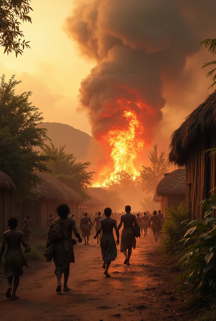Village africain traditionnelle entrain d'être détruit en feu par une armée sauvage les villageois en fuite