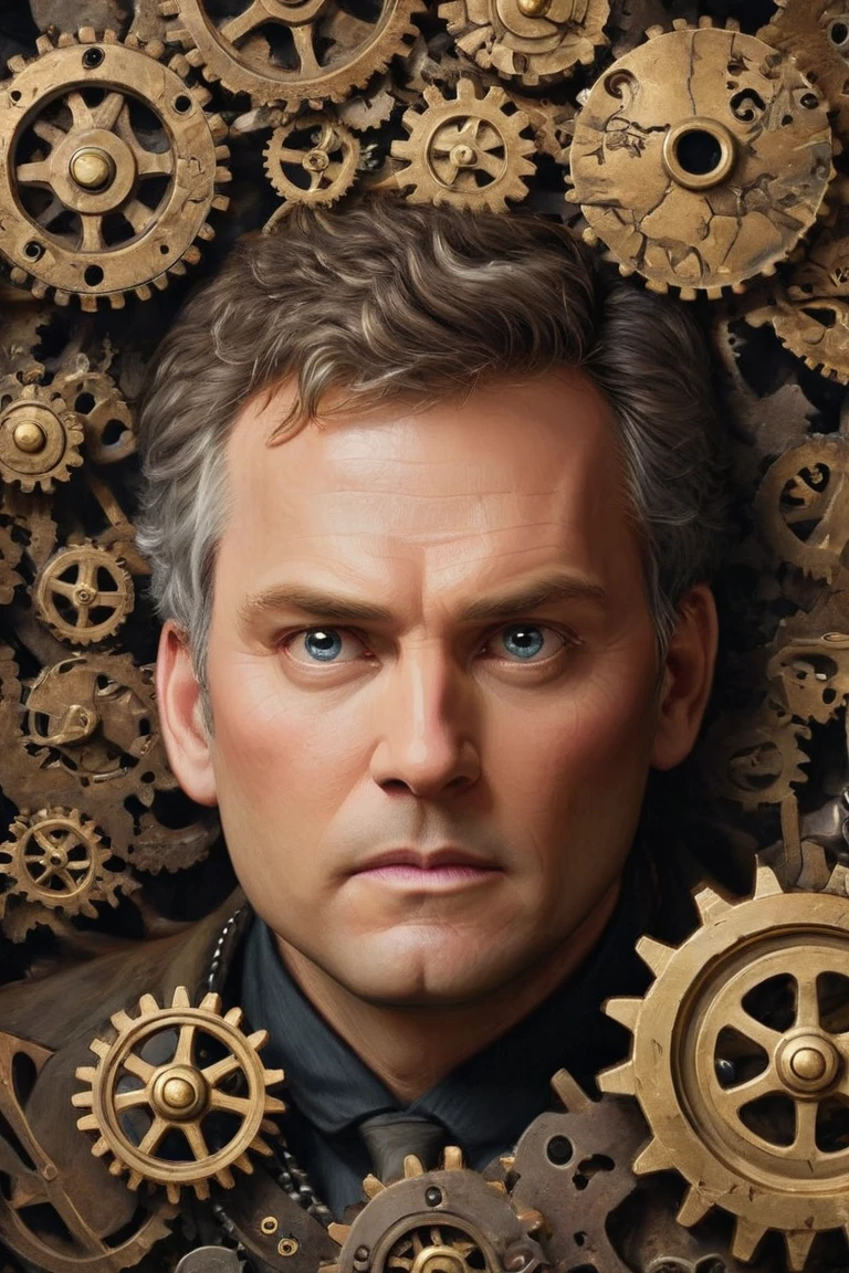 "A close-up of the leader's face with a dramatic, heroic expression, surrounded by floating historical artifacts and whimsical symbols like question marks and gears. His eyes sparkle with a hint of mischief, revealing a hidden, quirky side behind his powerful persona."