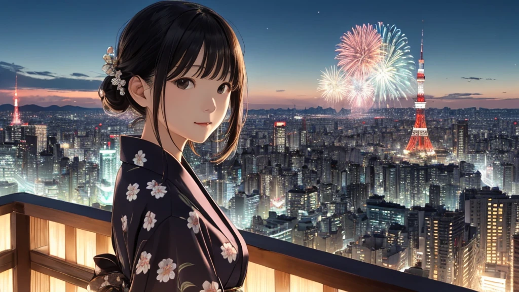 Shiraishi Mei, Looks exactly like Shiraishi Mei、solo、Chignon hairstyle、Time is night、Tokyo Tower in the background、Big fireworks、Oceanの方を向いている後ろ姿、Woman looking up at the sky ,Long Hair,  Black Hair,, Photo from the side, Realistic, Highest quality, Detailed face, , Ocean, Embankment, Detailed Background,, Written boundary depth, Bokeh (Highest quality: 1.2), (masterpiece: 1.2), Watch Viewer, yukata ,Vision、(((Panorama:1.2)))
