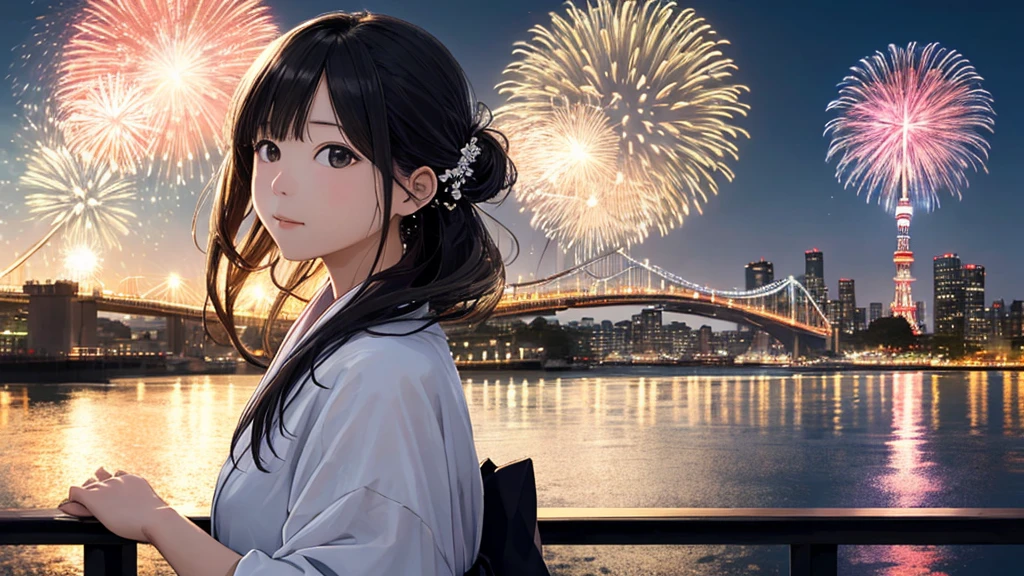 Shiraishi Mei, Looks exactly like Shiraishi Mei、solo、Chignon hairstyle、Time is night、Tokyo Tower in the background、Big fireworks、Oceanの方を向いている後ろ姿、Woman looking up at the sky ,Long Hair, Black Hair,, Photo from the side, Realistic, Highest quality, Detailed face, , Ocean, Embankment, Detailed Background,, Written boundary depth, Bokeh (Highest quality: 1.2), (masterpiece: 1.2), Watch Viewer, yukata ,Vision、(((Panorama:1.2)))