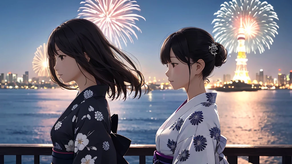 Shiraishi Mei, Looks exactly like Shiraishi Mei、solo、Chignon hairstyle、Time is night、Tokyo Tower in the background、Big fireworks、Oceanの方を向いている後ろ姿、Woman looking up at the sky ,Long Hair,  Black Hair,, Photo from the side, Realistic, Highest quality, Detailed face, , Ocean, Embankment, Detailed Background,, Written boundary depth, Bokeh (Highest quality: 1.2), (masterpiece: 1.2), Watch Viewer, yukata ,Vision、(((Panorama:1.2)))