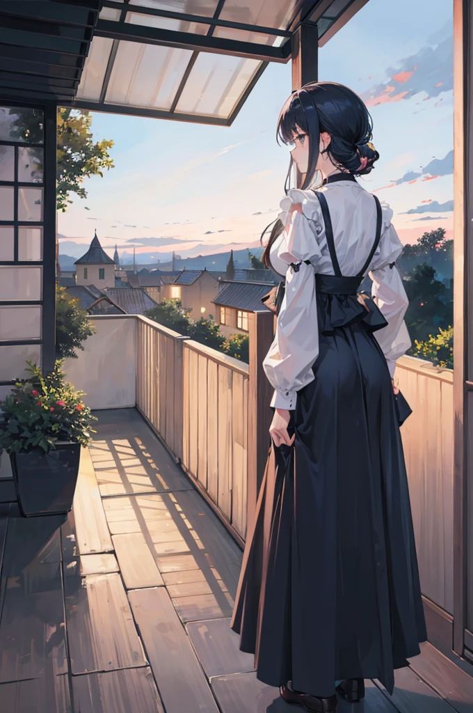 The scene shifts to the edge of the terrace.,dusk scene