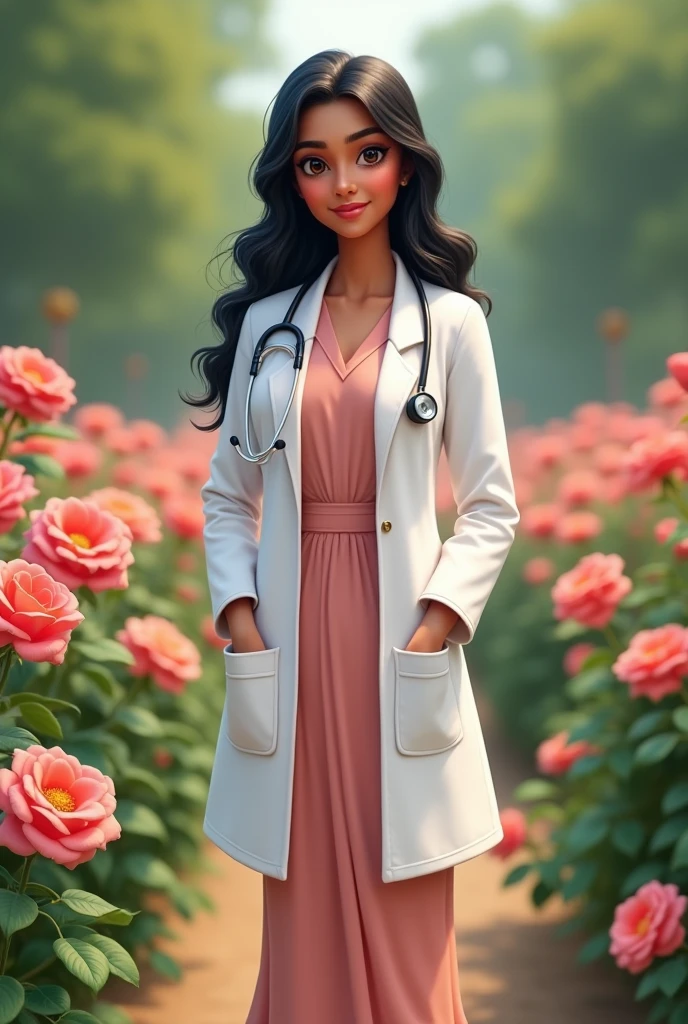 A fair indian girl wear gown and a doctor white coat. She has a name batch on her coat which is named"Dr. Roshiya ". She wear a stethoscope on her neck.she stand in a rose garden