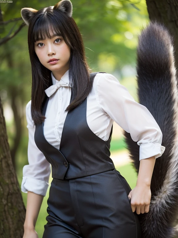 ((Highest quality, 8k)), ((masterpiece)), (Highest Resolution), Perfect Face, Raccoon-eared woman, Female college student, Beautiful woman, public, One tail, she has thick thighs, Big raccoon tail, She has a brown raccoon tail, She wags her tail, Troubled face, Fur collar, She is wearing business pants, Beautiful Hips , The raccoon tail sticks out of her panty