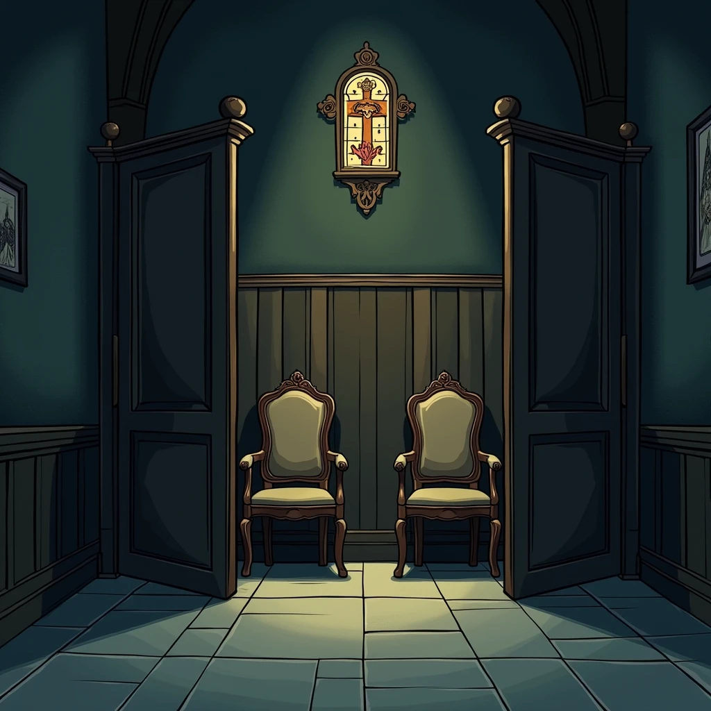 An illustration of a confession booth in a church. The scene includes two empty seats, "
        "one on each side of a partition, which separates the seats. The booth is inside a dimly lit, "
        "reverent church setting with religious symbols subtly visible. The style should be similar to a comic book or animated drawing."
Ajote une cloison entre les deux chaise 