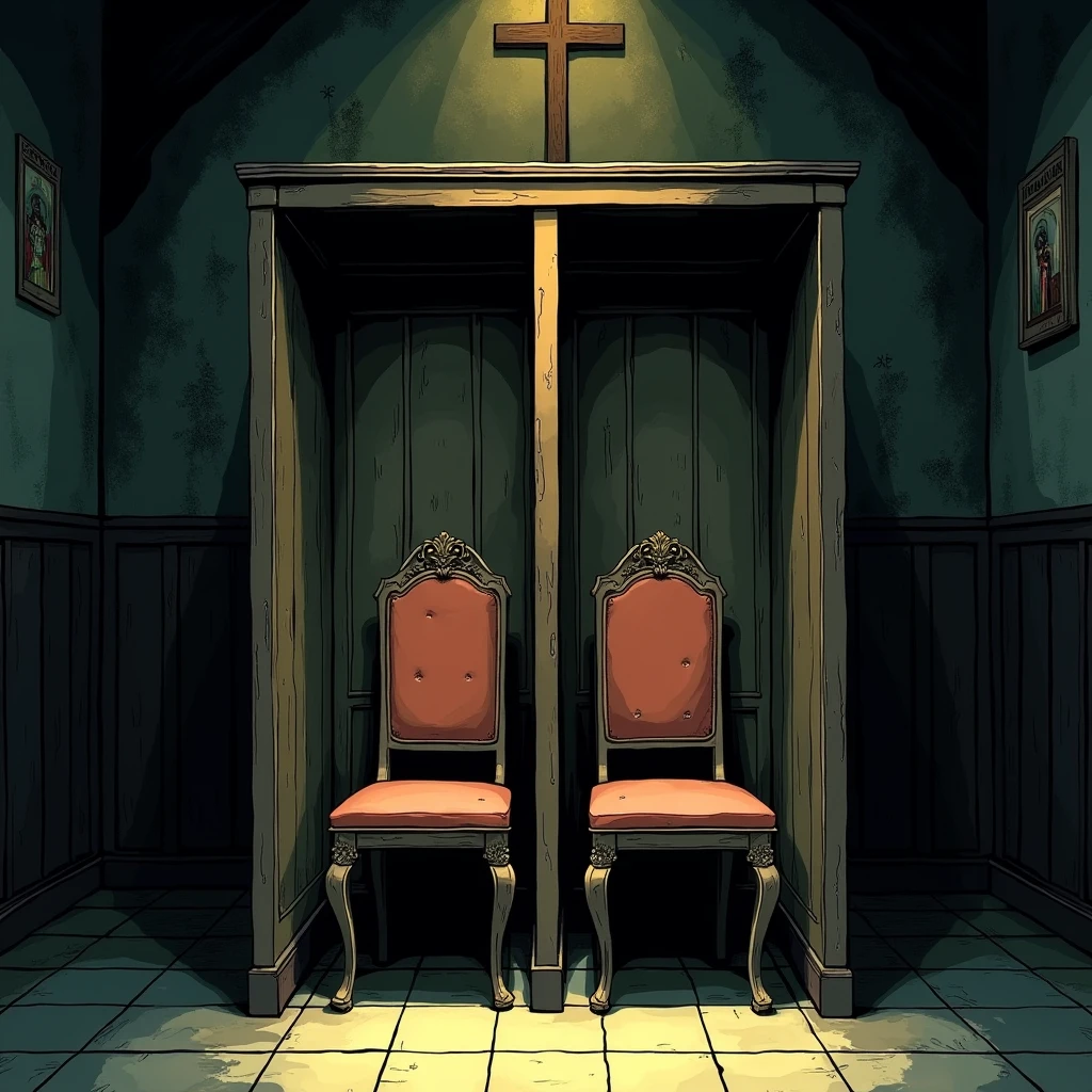 An illustration of a confession booth in a church. The scene includes two empty seats, "
"one on each side of a partition, which separates the seats. The booth is inside a dimly lit, "
"reverent church setting with religious symbols subtly visible. The style should be similar to a comic book or animated drawing."
Ajote une cloison entre les deux chaise