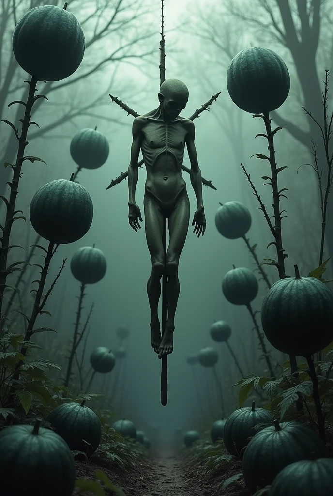 Garden of black watermelon, skewered body, eerie vibe