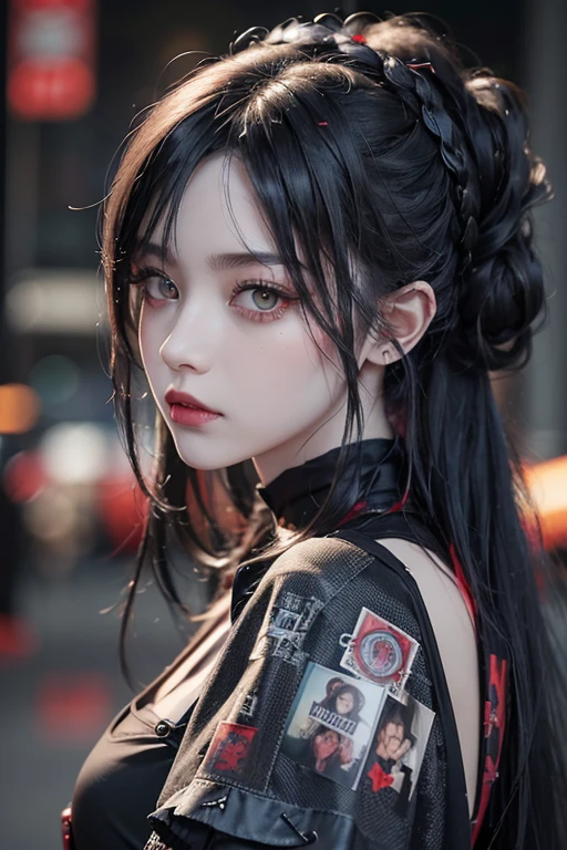 Highest quality、、masterpiece：1.3、Gothic Punk、Red inside、Gray Black Hair、hair ornaments、beautiful girl、creative、Punk Shirt、Neogoth、Goth Fashion：1.2、High resolution、masterpiece、Highest quality、頭w:1.3、((Hasselblad Photos))、Fine skin、Sharp focus、(Cinema Lighting)、Explore Tokyo&#39;The night city beyond the neon lights, Forehead open, 19 years old、Petting&#39;Hair back、Shoulder Bare、Small red rose tattoo on the décolletage、Just one tattoo
